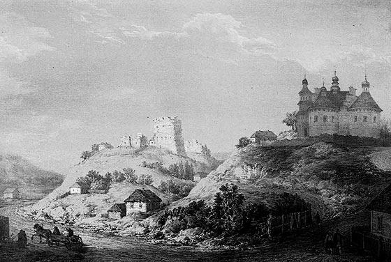 Суткііці. Церква і замок. Малюнок Наполеона Орди, 1880-ті роки.