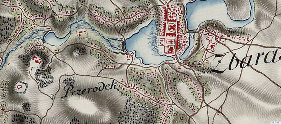 Василіянський монастир у Старому Збаражі (зліва) та Збаразький замок (справа) на австрійській військовій карті останньої чверті XVIII століття