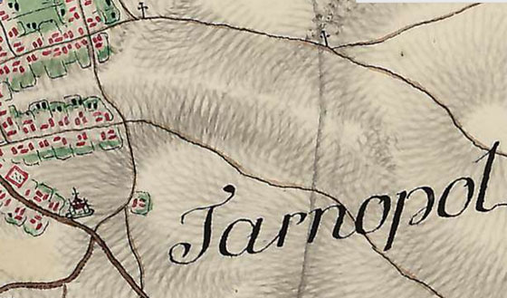 Східна околиця Тернополя на військовій карті кінця XVIII століття, місце “Татарської слободи”, де досі є вул. Татарська