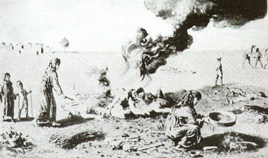Спалення тіл ассирійських жінок-християнок під час геноциду ассирійців. Тіла палили, щоб виявити золото та коштовності,які замордовані нібито ковтнули, щоб приховати (http://www.aina.org/books/stnd.htm)