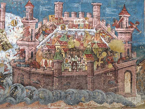 Штурм Константинополя турками у 1453 році. Настінний розпис монастирської церкви у Молдовиці, що на Південній Буковині в Румунії