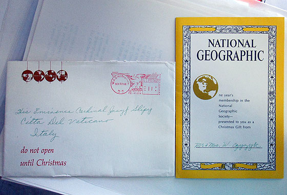 Абонемент на річну передплату журналу National Geograpic на 1967 рік, який Йосифу Сліпому подарували із США