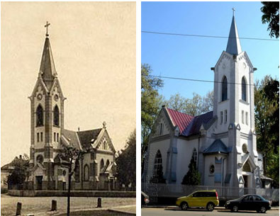 Вигляд церкви євангелістів-августинців у 1930-х рр. та сучасний вигляд