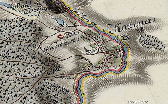 Храм у Козині (у центрі) над Збручем на карті Першого військового огляду Австрійської імперії 1763–1787 рр.
