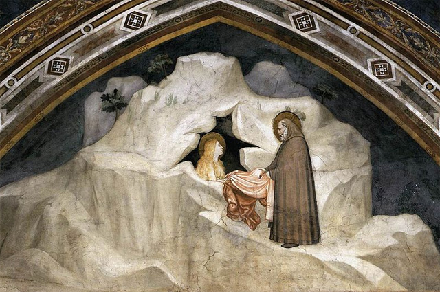 Фреска Джотто. Зосима дає гіматій Марії Єгипетській. Каплиця Магдалини у нижній частині Сан-Франческо в Ассизі, 1320
