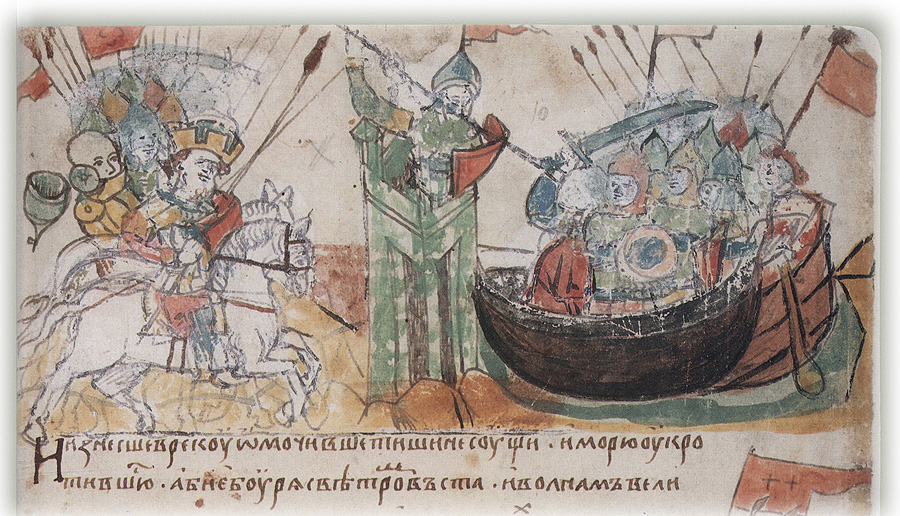 Руські воїни проникають у гавань Константинополя (справа), імператор Михаїл ІІІ поспішно повертається з походу для захисту столиці