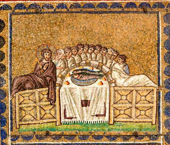 Тайна вечеря, равенська мозаїка VІ століття, базиліка Сант Аполлінаре Нуово.