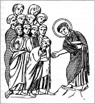 Схематичне відтворення мініатюри Причастя апостолів з кодексу Рабулли, кінець VІ століття