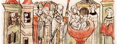 Хрещення дружини князя у Корсуні. Мініатюра з Радзивилівського літопису