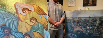 Ukrainian refugee and artist Serhii Kolodka in his studio at Holy Eucharist Ukrainian Catholic Cathedral, where he is putting the finishing touches on two large icons destined for Holy Spirit Parish in New Westminster.