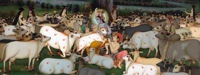 Крішна з друзями, телятами і коровами ховаються від дощу на березі Ямуни. Б.Ґ.Шарма (1924-2007)