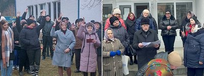 На фото зліва – голосування за перехід до ПЦУ, справа – збори парафіян УПЦ. 