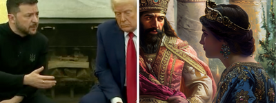 Ukrainian President Volodymyr Zelenskyy meeting with U.S. President Donald Trump in the Oval Office, Feb. 28, 2025 (right); King Xerxes, Haman and Esther (left).