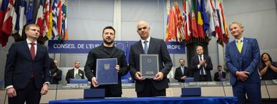 President of Ukraine Volodymyr Zelenskyy and Secretary General of the Council of Europe Alain Berset sign the Agreement on the Establishment of a Special Tribunal for the Crime of Aggression against Ukraine