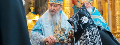 Глава УПЦ МП митрополит Онуфрій під час літургії у Свято-Миколаївському соборі Свято-Покровського жіночого монастиря в день свята Покрови Пресвятої Богородиці в Києві,14 жовтня 2025 р.