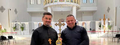 Fr Makariy with his coach, Pavlo Zinko, at the Patriarchal Cathedral of the Ukrainian Greek Catholic Church in Kyiv