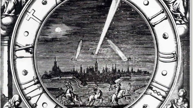 Німецька гравюра XVIII ст. Комети на зображені відіграють роль стрілок годинника Армагеддону. - фото 1