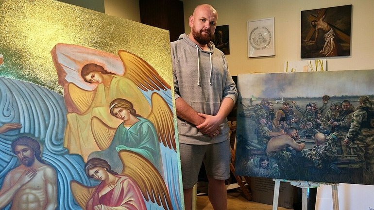 Ukrainian refugee and artist Serhii Kolodka in his studio at Holy Eucharist Ukrainian Catholic Cathedral, where he is putting the finishing touches on two large icons destined for Holy Spirit Parish in New Westminster. - фото 1