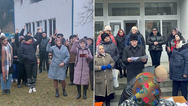 На фото зліва – голосування за перехід до ПЦУ, справа – збори парафіян УПЦ.  - фото 1