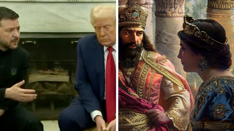 Ukrainian President Volodymyr Zelenskyy meeting with U.S. President Donald Trump in the Oval Office, Feb. 28, 2025 (right); King Xerxes, Haman and Esther (left). - фото 1