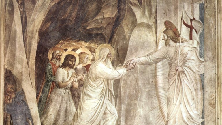 Jesus Christ grants salvation to souls by the Harrowing of Hell. Fresco, by Fra Angelico, c. 1430s - фото 1