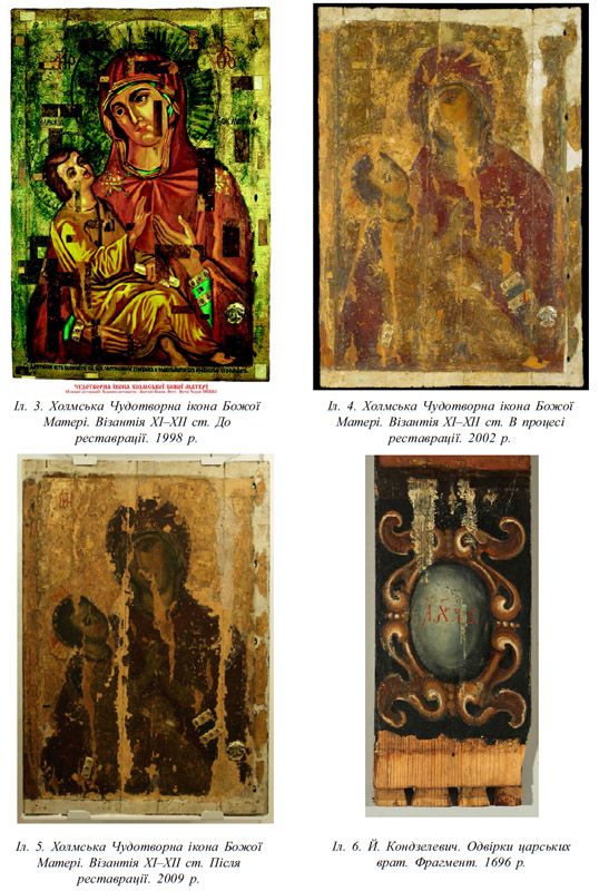 Порівняльні фото ікони до реставрації у перемальованому стані та після, у відновленому вигляді ХІ століття - фото 61653