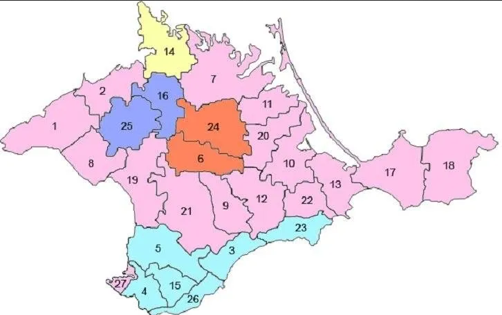 Administrative division of the Crimean Autonomous Soviet Socialist Republic. German national districts are highlighted in red (6 – Biyuk-Onlarsky, 24 – Telmansky. Kurman-Kemelchi) - фото 76585