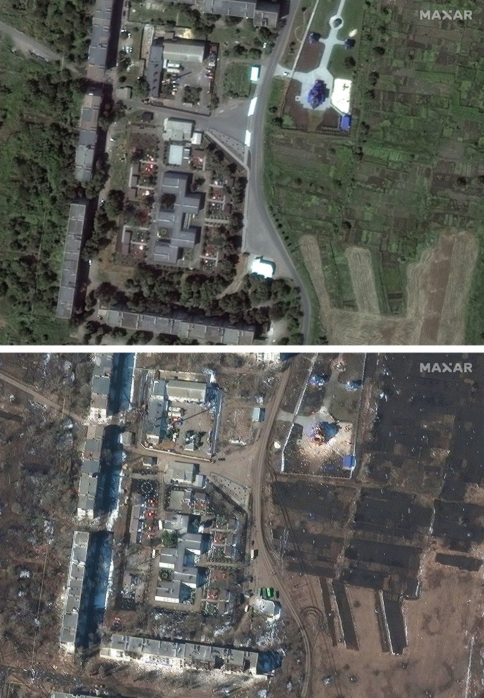 Before and after satellite images show the damage inflicted on a church in Volnovakha - фото 90777