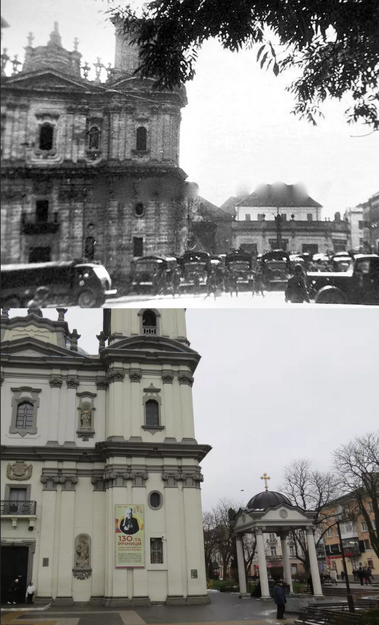 Це унікальне фото із виглядом зруйнованих, внаслідок подій 1939 року, шатрових веж Домініканського костелу. Праворуч видніється фігура св.Вінцентія, а за нею двір монастиря і будівля Першої гімназії. - фото 105891