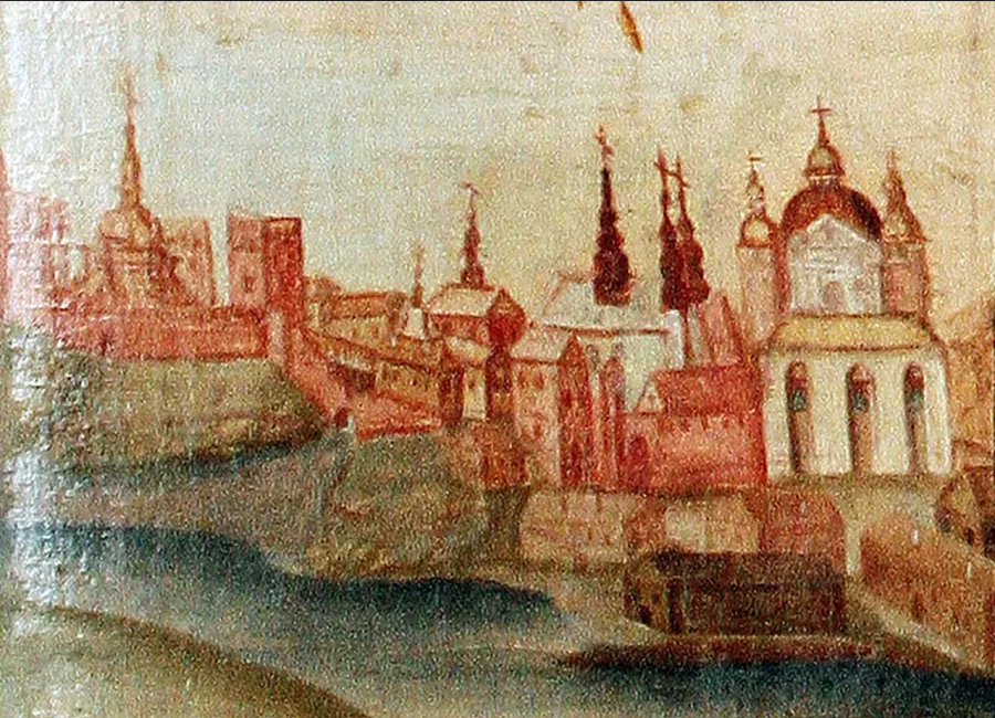 Вежа унійної катедри в Луцькому замку (зліва) у середині XVIII століття (фрагмент ікони, що зберігається у Музеї волинської ікони - фото 108861
