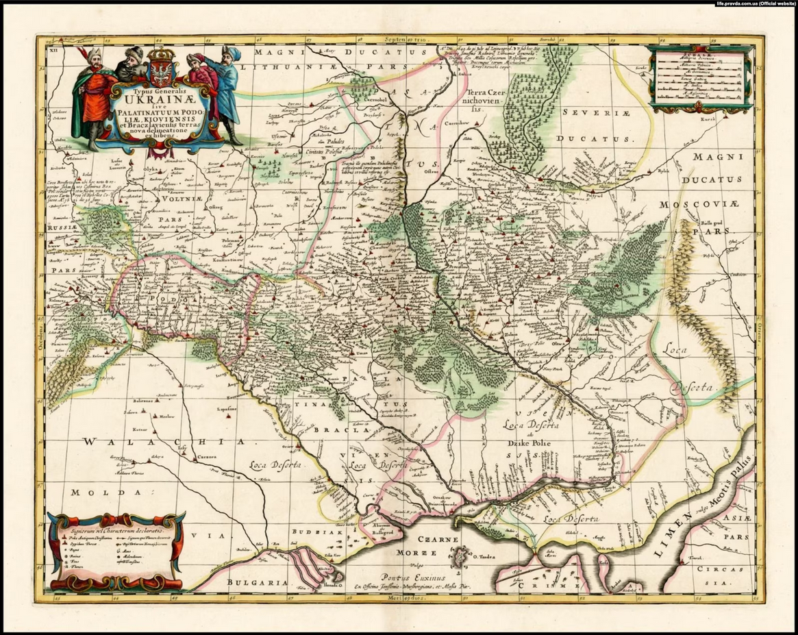 Мапа України французького військового інженера і картографа Гійома Левассера де Боплана 1680 року (на основі генеральної карти 1648 року). А у правому верхньому кутку позначено розташування Московії – Moscovia Pars (Земля Московія) - фото 111117