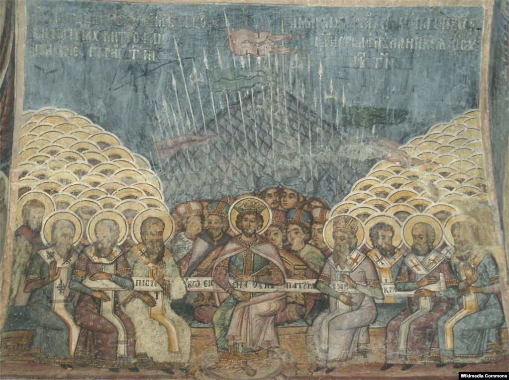 Перший Вселенський собор в Нікеї 325 року на румунській фресці 18-го століття - фото 112637