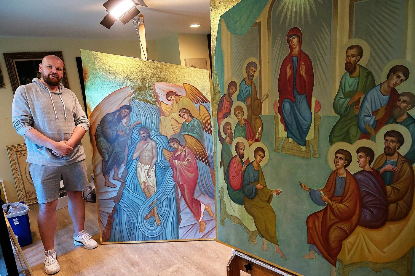 Kodolka with his nearly completed icons. The images were chosen to accentuate the Holy Spirit’s patronage of Holy Spirit Parish by depicting two of the most significant New Testament instances of the Holy Spirit working in the world: the Baptism in the Jordan and Pentecost.  - фото 118824