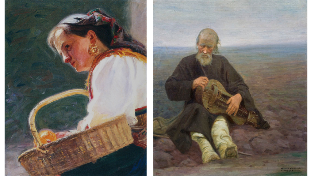 Картини Модеста Сосенка - 'Лірник', 1904; олія, полотно (праворуч) та ' Продавчиня поморанч', 1902; олія, полотно (ліворуч), НМЛ. - фото 133637