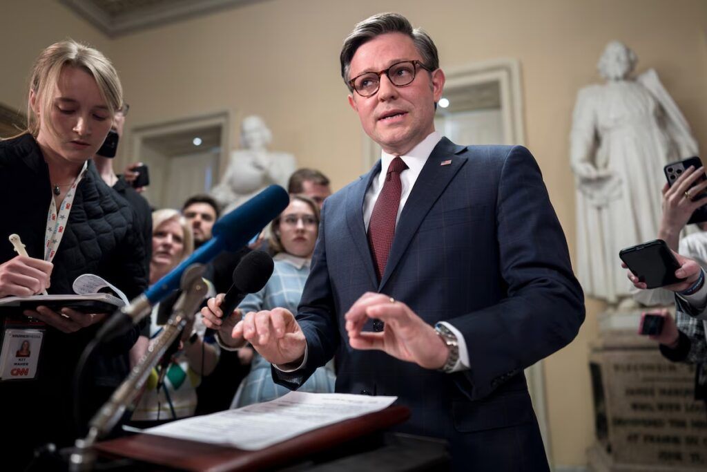 Speaker of the House Mike Johnson (R-La.) talks to reporters just after the House voted to approve $95 billion in foreign aid for Ukraine, Israel and other U.S. allies, at the Capitol in Washington, April 20. - фото 140207