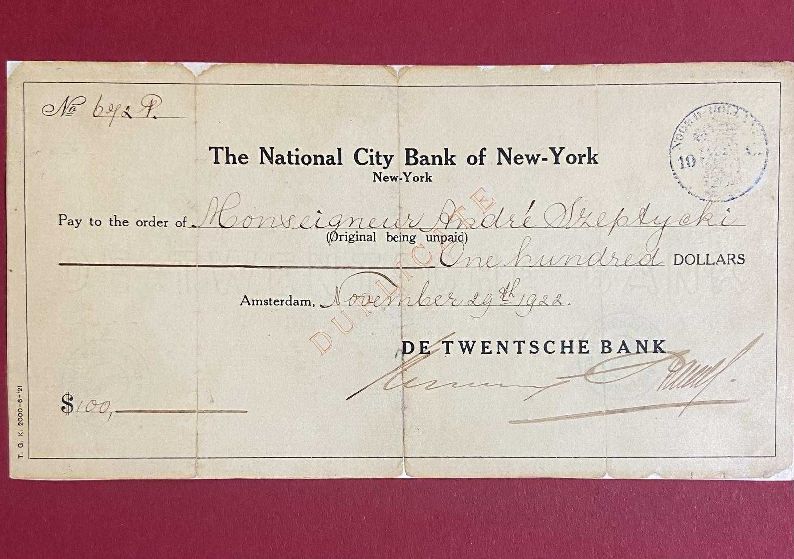 Банківський чек з підписом Андрея Шептицького, 1922 р. - 155605 Банківський чек з підписом Андрея Шептицького, 1922 р. - фото 155605