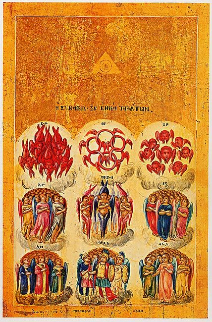 Ікона дев'яти чинів ангелів (Греція, XVIII ст.) зображена з підсвіченим трикутником, символом Трійці - фото 160691