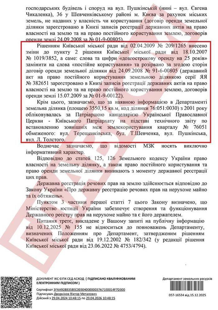 Земельна ділянка площею 35 соток на столичній вулиці Чикаленка, 36 орієнтовно двадцять років перебувала у постійному користуванні Київської патріархії УПЦ КП - фото 167824