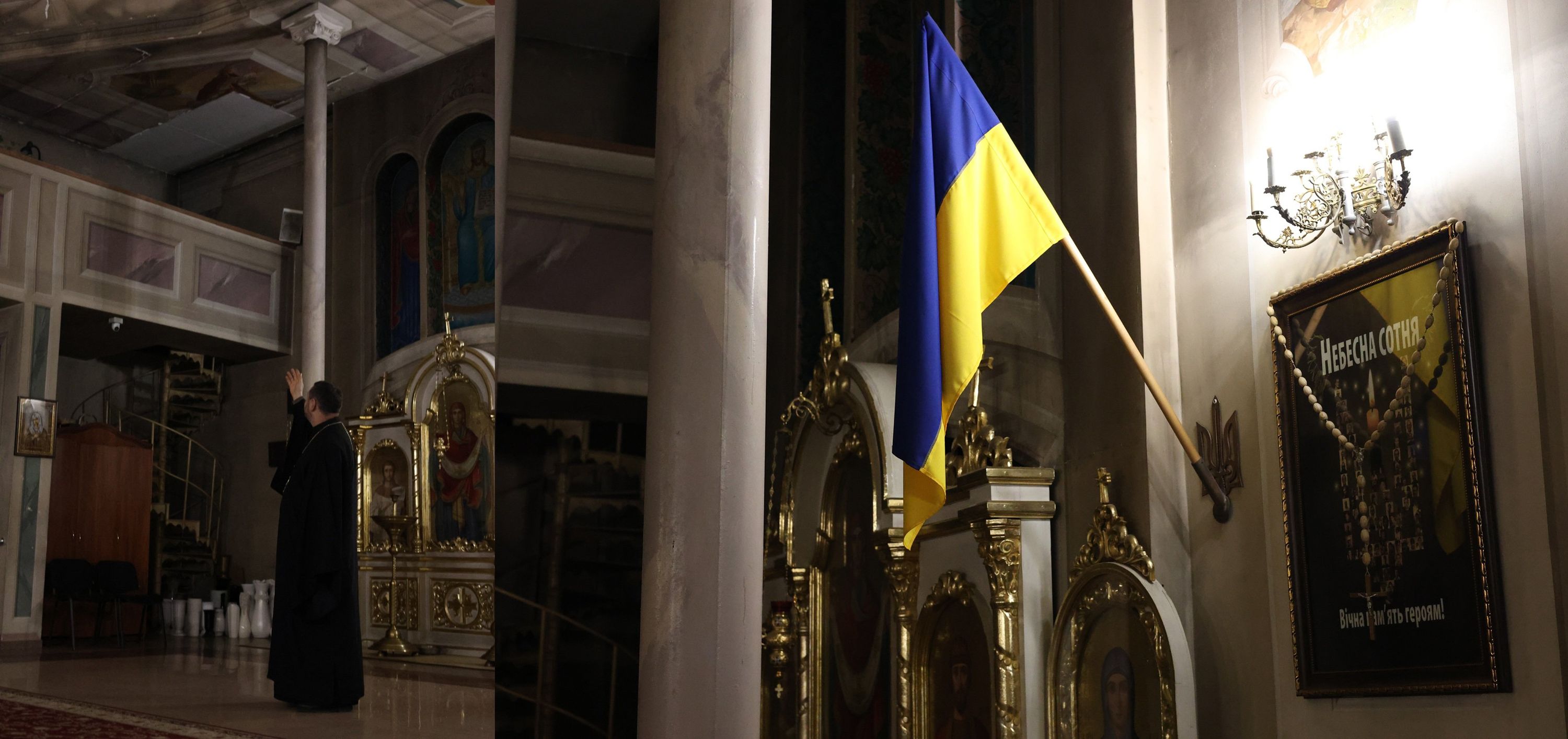 Отець Теодор показує пошкодження внаслідок російського ракетного обстрілу на стелі в храмі, де він служить. - 169081 Отець Теодор показує пошкодження внаслідок російського ракетного обстрілу на стелі в храмі, де він служить. - фото 169081